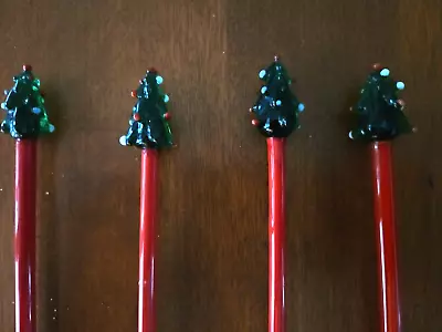 Set Of 4 Vintage Christmas Tree Glass Swizzle Sticks Red Stems Stirrers 8  • $9.99