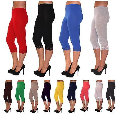  NEW Cropped With Lace 3/4 Leggings Cotton Lace - All Colours And Sizes  • £3.84