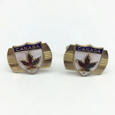 Vintage Canada Enamel Shield Maple Leaf Gold Tone Cufflinks Toggle Back 7/8  • $19.99