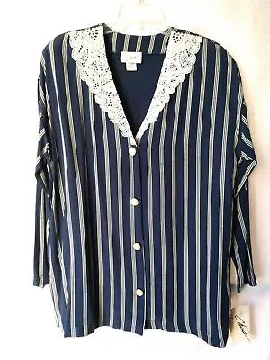 NEW Vintage Shirt 80s Lace Collar Blue White Vertical Stripe By Oh! Chas Size 14 • $19.95