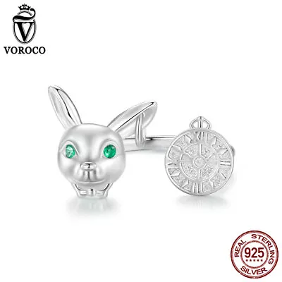 VOROCO S925 Sterling Silver White Rabbit Clock Opening Finger Ring Women Jewelry • $12.47