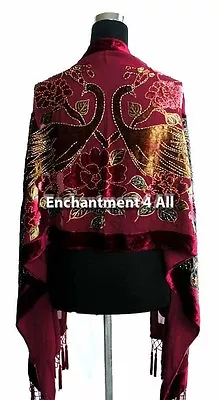 Handmade Stunning Beaded 100% Silk Velvet Peacock Oblong Shawl Wrap Burgundy • $27.99