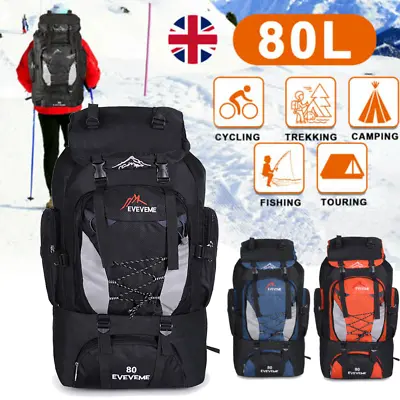 80L Hiking Backpack Waterproof Camping Rucksack Luggage Traveling Walking Bag • £17.99