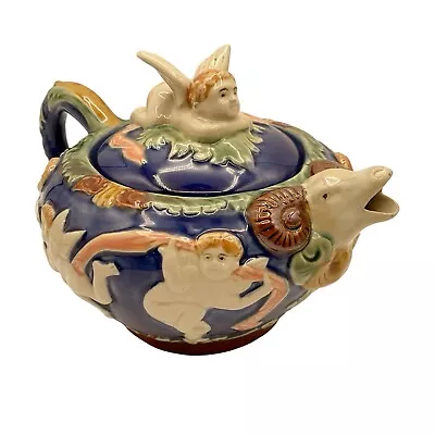 Unbranded Majolica Tea Pot With Cherubs & Ram's Head Spout Dark Blue Vintage • $30