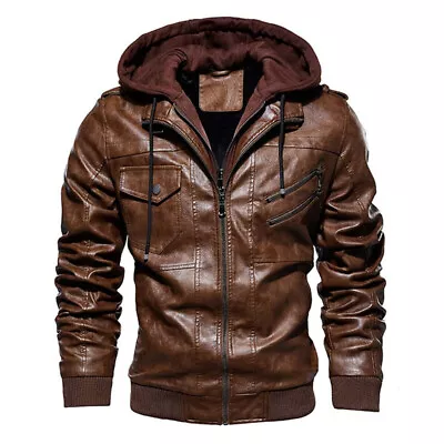 QSuper New Men Hooded Leather Jacket Thick Motorcycle Windproof Leather • $111.58