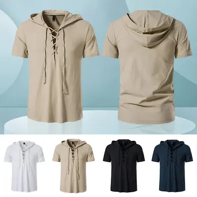 $29.55 • Buy Men's Cotton Medieval Gothic Lace Up V-neck T-shirt Vintage Hooded Viking Top