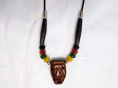 $18.99 • Buy Exotic Rose Wood Tiki Mask Pendant Glass Rasta Color Accent Beads Adj Necklace