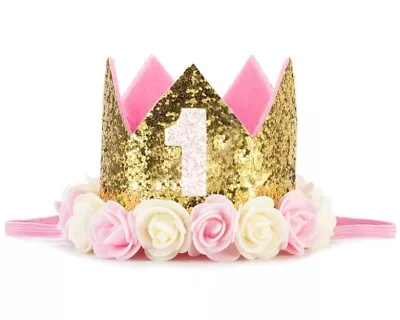 BOSONER Baby Princess Crown 1  Tiara Kids First Birthday Hat Sparkle Gold Flower • £5.50