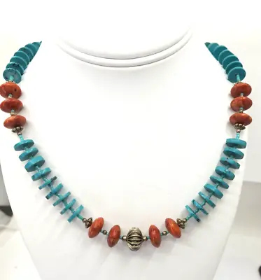 Vintage Southwestern 24  Disc Turquoise Spiny Oyster Strand Beaded Necklace • $49.99