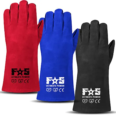 Leather Welding Gloves 14'' Inches Heat Resistant BBQ/Oven/MIG/TIG Worker Gloves • £8.99