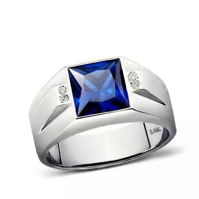 Solid 14K White Gold Sapphire Men's Ring 0.08ct Natural Diamonds Ring For Man • $935