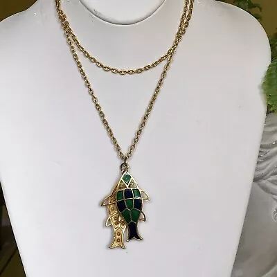 Vintage Zodiac Sign Pisces Green Crystals Navy Enamel Gold Tone Fish Necklace • $30