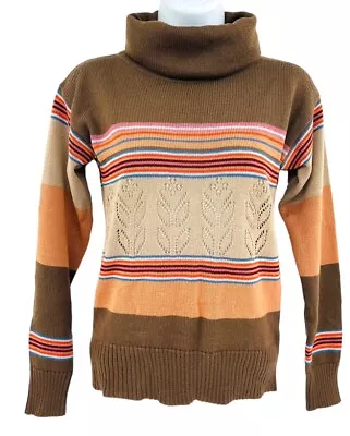 Vintage 70s 80s Beewear Sportswear Turtleneck Knit Sweater Striped Floral Cutout • $44.97