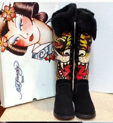 Vtg Ed Hardy Boots Women Sz 5 Tiger Black Suede  Fur Lined Boots W/ Zipper • $125