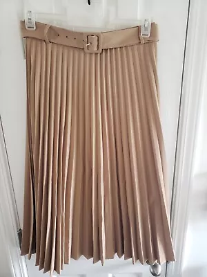 Women's ZARA Pleated Midi Skirt Belted Side Zipper Brown Khaki Color Size M • $35