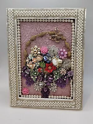 Vintage Jewelry Art Floral Basket Flowers Collage Mixed Media MOP Picture Frame • $65