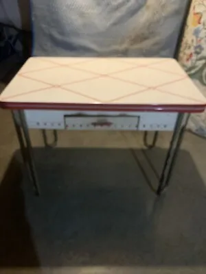 Vintage MCM Enamel Top Table Pull Out Slide Out Leafs Red White  40x45 Opened • $250