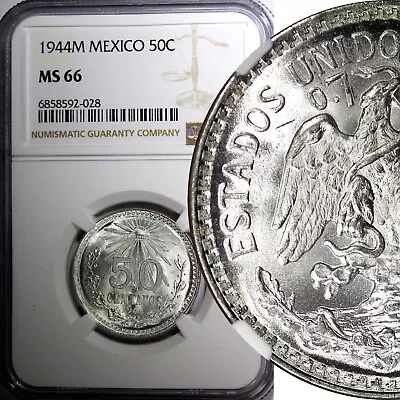 Mexico ESTADOS UNIDOS Silver 1944 M 50 Centavos NGC MS66 GEM BU KM# 447 (028) • $65