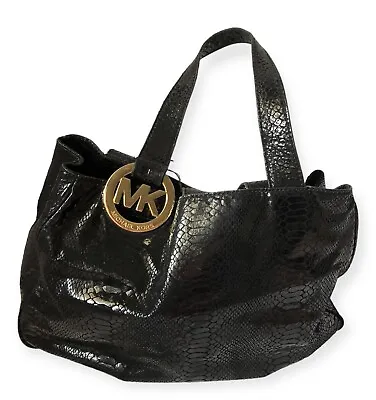 Authentic MICHAEL KORS Black Pebbled Leather & Snake Texture Hobo Handbag COA • $79.94