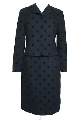 Vintage Rickie Freeman Teri Jon Skirt Suit Size 8 Women Black Wool Velvet Dots • $48.99