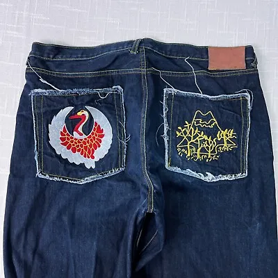 Y2K RMC Jeans 42x35 Baggy Wide Leg Embroidery Cyber Skate Martin Ksohoh Vtg Blue • $71.95