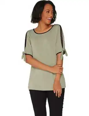 Belle By Kim Gravel Olive Moss Green Split Elbow Sleeve Tie Tunic Top New • £19.24