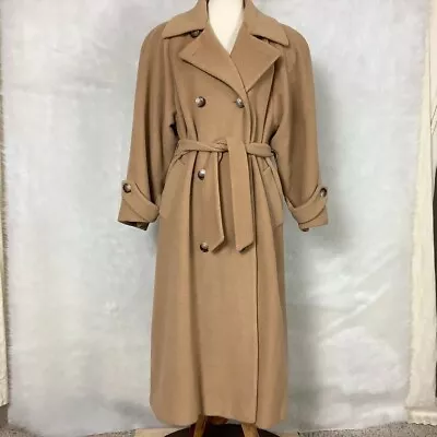 Vintage 80s 90s Saks Fifth Avenue Regency 100% Camel Hair Tan Belted Trench Coat • $200