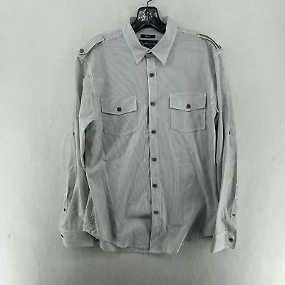 American Rag Button-Up Shirt Mens Sz S White Gray Striped Pockets Roll-Up Sleeve • $8.03