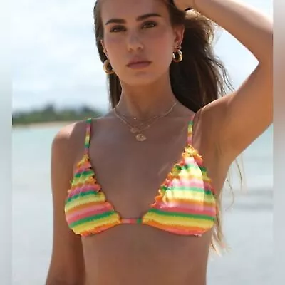 NWT L*Space Maggie Ruffle Bikini Top In Under The Sun Rainbow Stripe - Size XS • $42