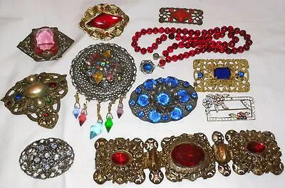 Vintage Art Deco Czech Rhinestone Bohemian Glass Jewelry Lot Pin Brooch Necklace • $350