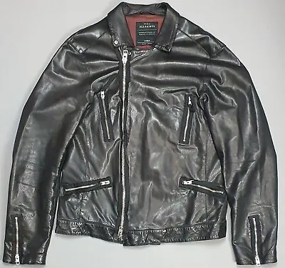 All Saints Leather Jacket Men’s Large Black Peyto Biker Rock Distressed Punk • £89
