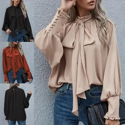 Women Blouse Long Sleeve Shirts Ladies Crew Neck Holiday Elegant Puff Sleeves • £17.99