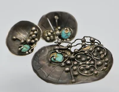 Mary Gage Sterling Silver Pin And Ear Clips In Arts & Crafts Style Circa 1940's • $1250