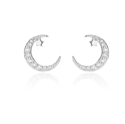 925 Sterling Silver CZ Crescent Half Moon Star Post Stud Earrings 10x8mm PE21 • $9.95