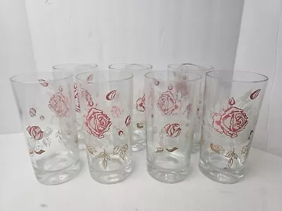 Vintage Floral High Ball Drinking Glasses Pink Roses White Gold Leaves Lot Of 7 • $20.99