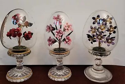 3 Franklin Mint House Of Faberge Flower Bouquet Pink Prpl Red Glass Eggs Austria • $129.99