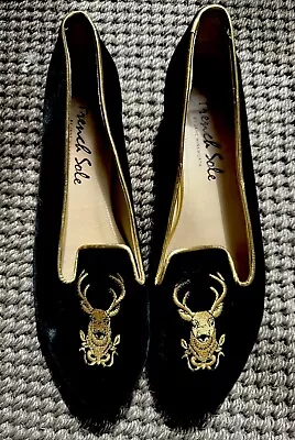 Used French Sole Opera Black Silk Velvet Slippers Shoes Stag Size 42 • £20