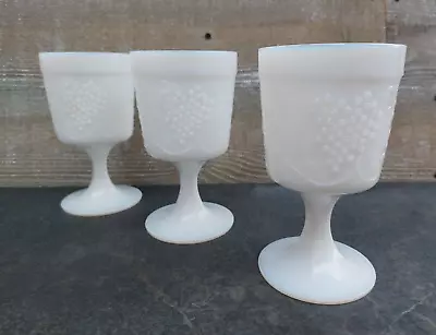 Vintage White And Opal Milk Glass-stemmed Goblet- Drinking Glasses-set Of 3 • $21