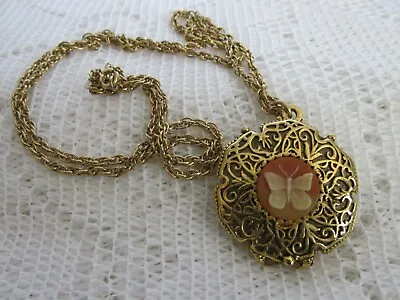Vintage Victorian Looking Perfume Locket Pendant Necklace Cameo Butterfly • $19.99