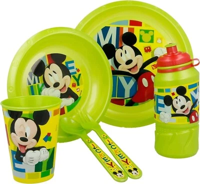 XMAS SALE Mickey Mouse 6 Piece Dinner Set Plate Bowl Tumbler Bottle Cutlery • £4