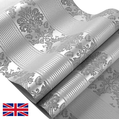 Silver Grey 3D Damask Embossed Wallpaper Rolls TV Backdrop Home Wall Paper Roll • £11.88