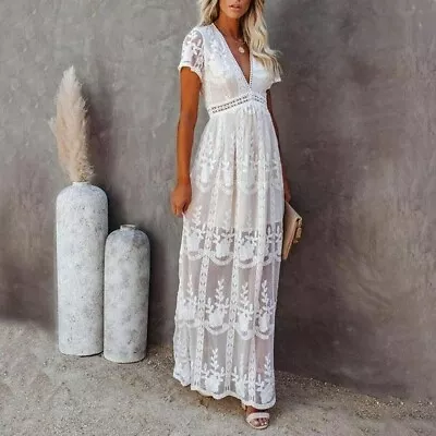 E'LETER Deep V Neck White Floral Sheer Panel Lace Maxi Dress In L • $29