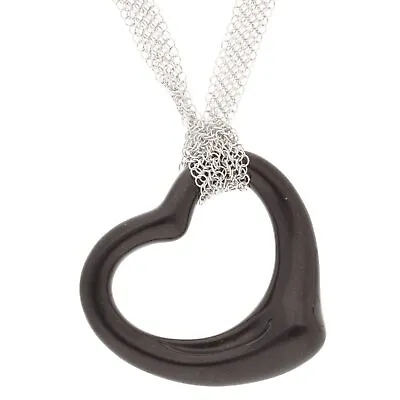 Tiffany&Co Sterling Silver Elsa Peretti Onyx Open Heart Pendant &30  Fancy Chain • $1243.31