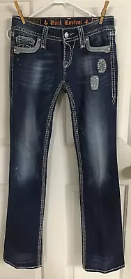 $36.99 • Buy Rock Revival Alanis Womens 28 Long Rhinestone Patchwork Dark Wash Boot Cut Jeans