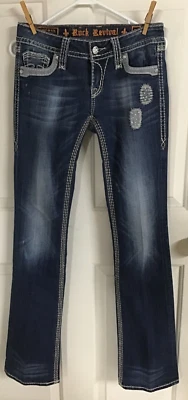 $36.99 • Buy Rock Revival Alanis Womens 28 Long Rhinestone Patchwork Dark Wash Boot Cut Jeans