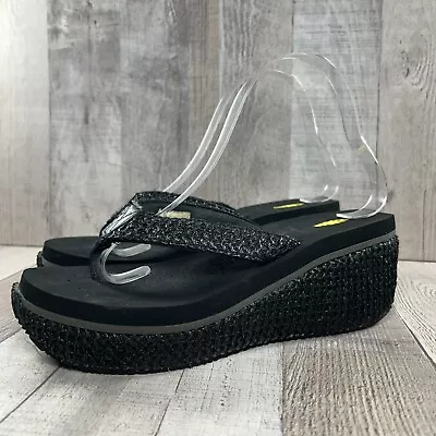 Volatile Womens Island Wedge Platform Sandal Raffia Thong Flip Flop Black Size 8 • $19.95