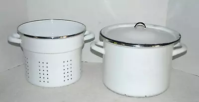 Vintage Enamel On Steel Stock Pot & Strainer With Lid • $17.59