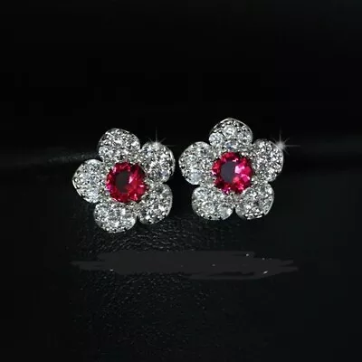 Red Crystal White Gold Color AAA  Cubic Zirconia Pave Cute Flower Stud Earrings • $28