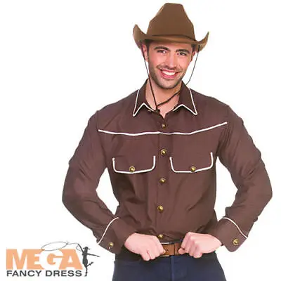 Brown Western Cowboy Shirt Mens Fancy Dress Wild West Adults Costume Accessory • £8.99