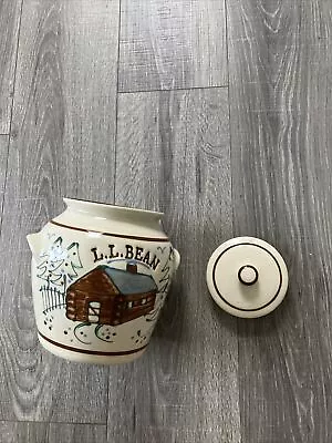 Vintage L.L. Bean Stoneware Pottery Crock Cookie Jar W/Lid Winter Cottage Cabin • $34.99